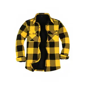 FlannelGo Men's Stylish Fitted Checked Sherpa-Lined Long-Sleeve Plaid Shirt Jacket Shell, Polyester Fleece Fabric, Button-Front, 2 Pockets, Ideal for Layering or Light Outerwear