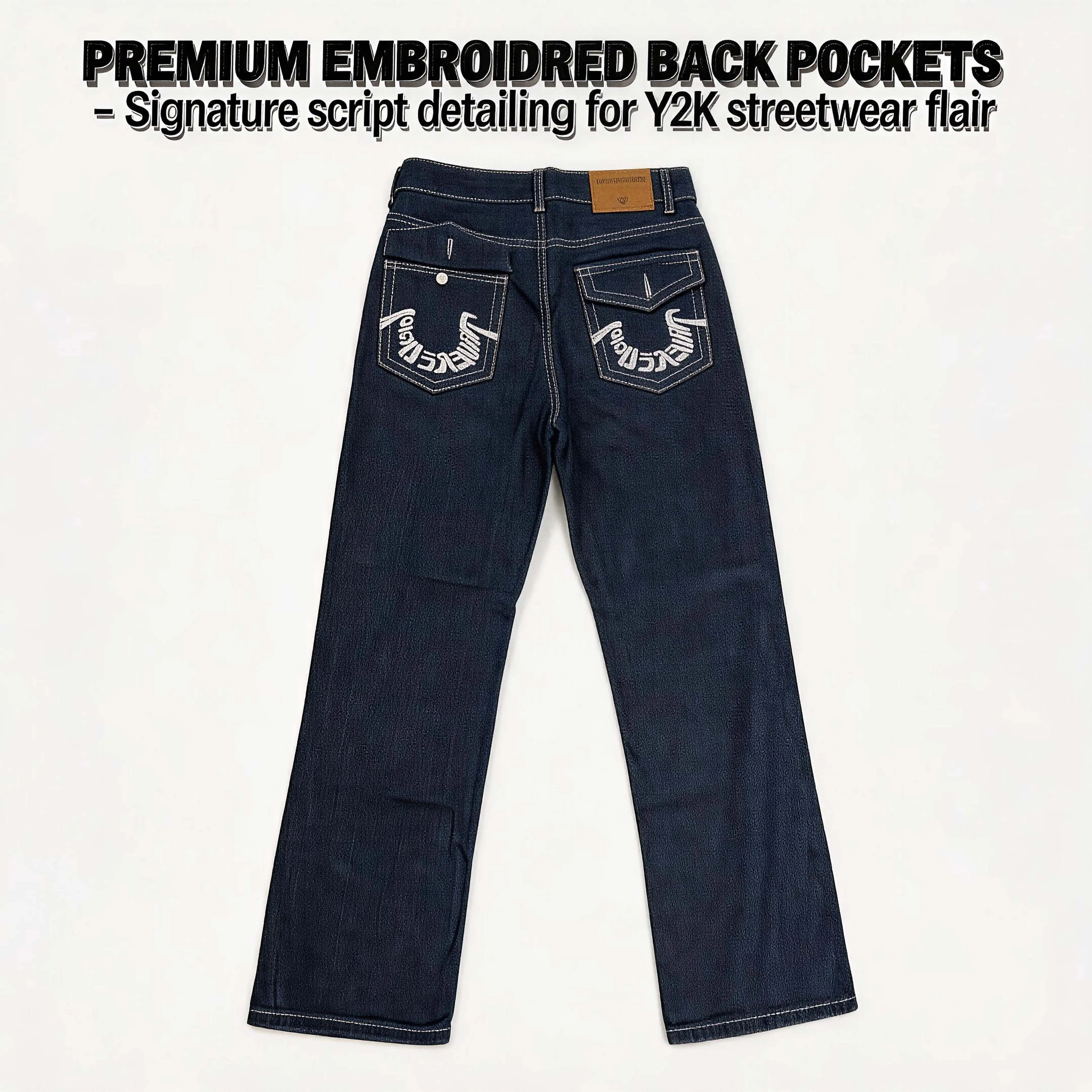 Y2K Vintage Letter Embroidery Straight Leg Jeans High Waist Dark Indigo Stretch Relaxed Denim Pants For Women, Contrast White Stitching Unique Multi-Layer Front Pockets, Gen Z Hip Hop Festival Outfits Tummy Control Hide Thick Thighs
