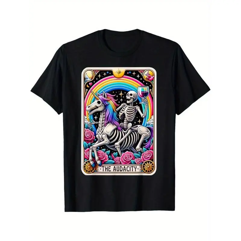 Women's 100% Cotton Fitted Round Neck Short-Sleeve Casual Top - The Audacity Funny Tarot Card Sarcastic Skeleton Design, Soft Breathable DIY-Friendly Streetwear T-Shirt