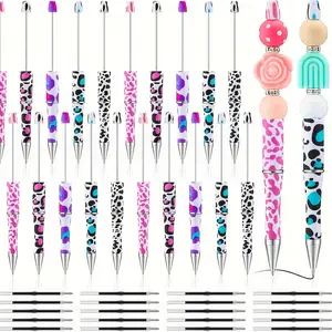 10 Set Multicolor Printing Beadable Pen with 50 Refills 10 Pen Bags Ballpoint Pens Retractable Diamond Bead Pen Plastic DIY Bling Pens Cool Shaft Beaded Pen Black Ink for DIY Making Party Office