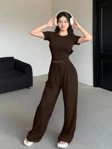 Spring Summer Women's Solid Color Pajama Set, Stretchy Breathable Fabric, Soft Skin-Friendly Design Ideal for Indoor and Outdoor Lounging Loungewear