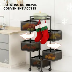 360-Degree Rotating Vegetable Storage Rack Kitchen Organizer Cart Multifunctional Vegetable Basket Storage Rack Floor-Standing with Rotating Retrieval for Convenient Access