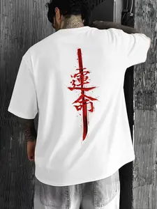 Men's 100% Cotton Destiny Katana Graphic Tee, Oversized Japanese Streetwear T-Shirt, Fitted Long Sleeve, Boho Style, All Seasons
