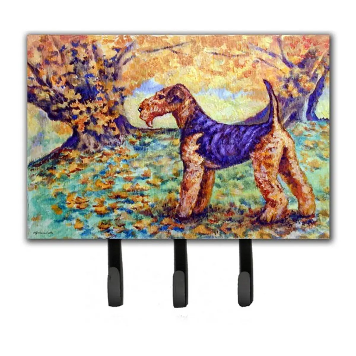 212 MAIN Autumn Airedale Terrier Metal Wall-Mounted Leash & Key Holder - 6l x 2w x 9h in Wall Mounted Organizer with Hooks, Home Decor for Office, Room Decor