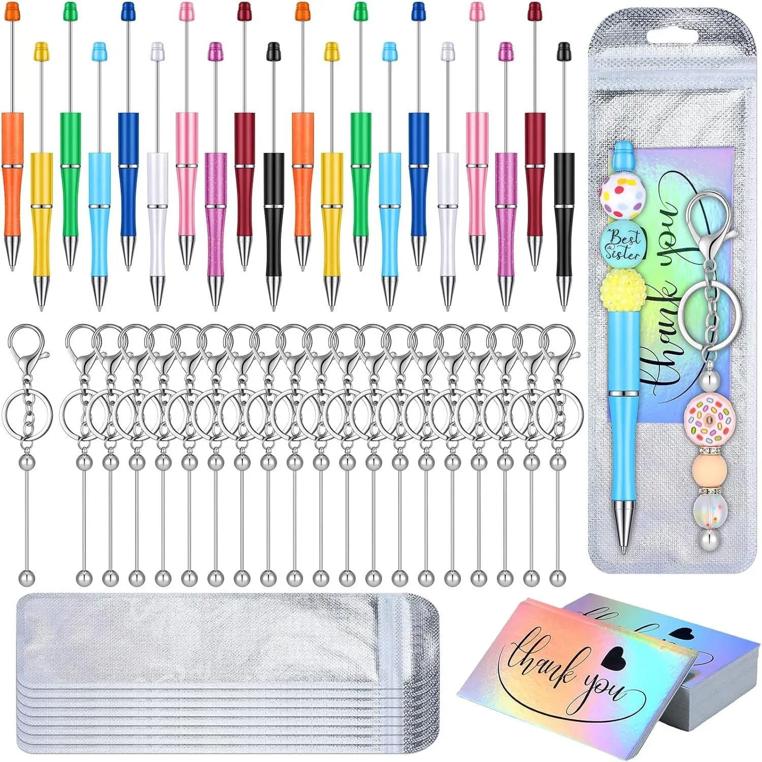 DIY Beadable Pen and Keychain Making Kit, Includes 20 Aesthetic Pens, 20 Keychain Bars, 20 Gift Bags and 20 Cards (80Pcs Total), Creative Stationery, Unique Pens