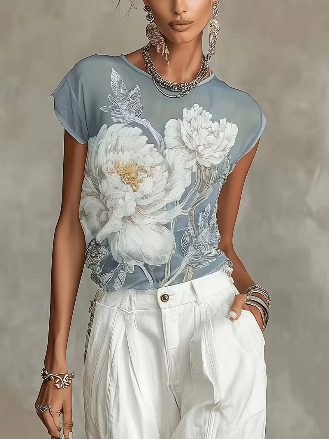 New Spring Summer Sheer Blue Floral Print Chiffon Shirt for Women, Casual Half Sleeve Loose-Fitting Top, All Seasons Fashion, Boho Style Shirt, Boho Blouses, Boho Clothing, Bohemian Style