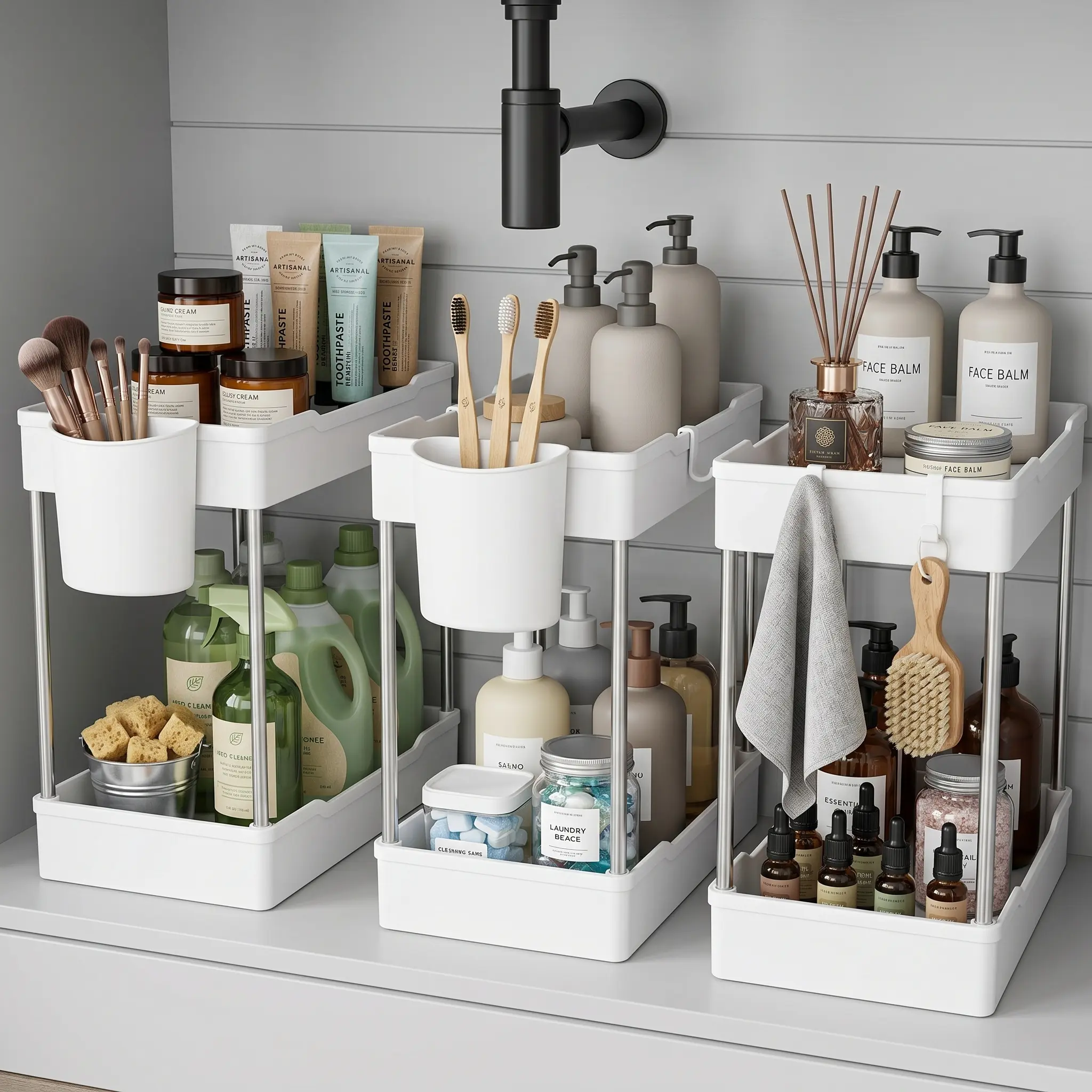 3 Pack Under Sink Organizer 2 Tier Bathroom Cabinet Storage Shelf with Hanging Cups for Kitchen White