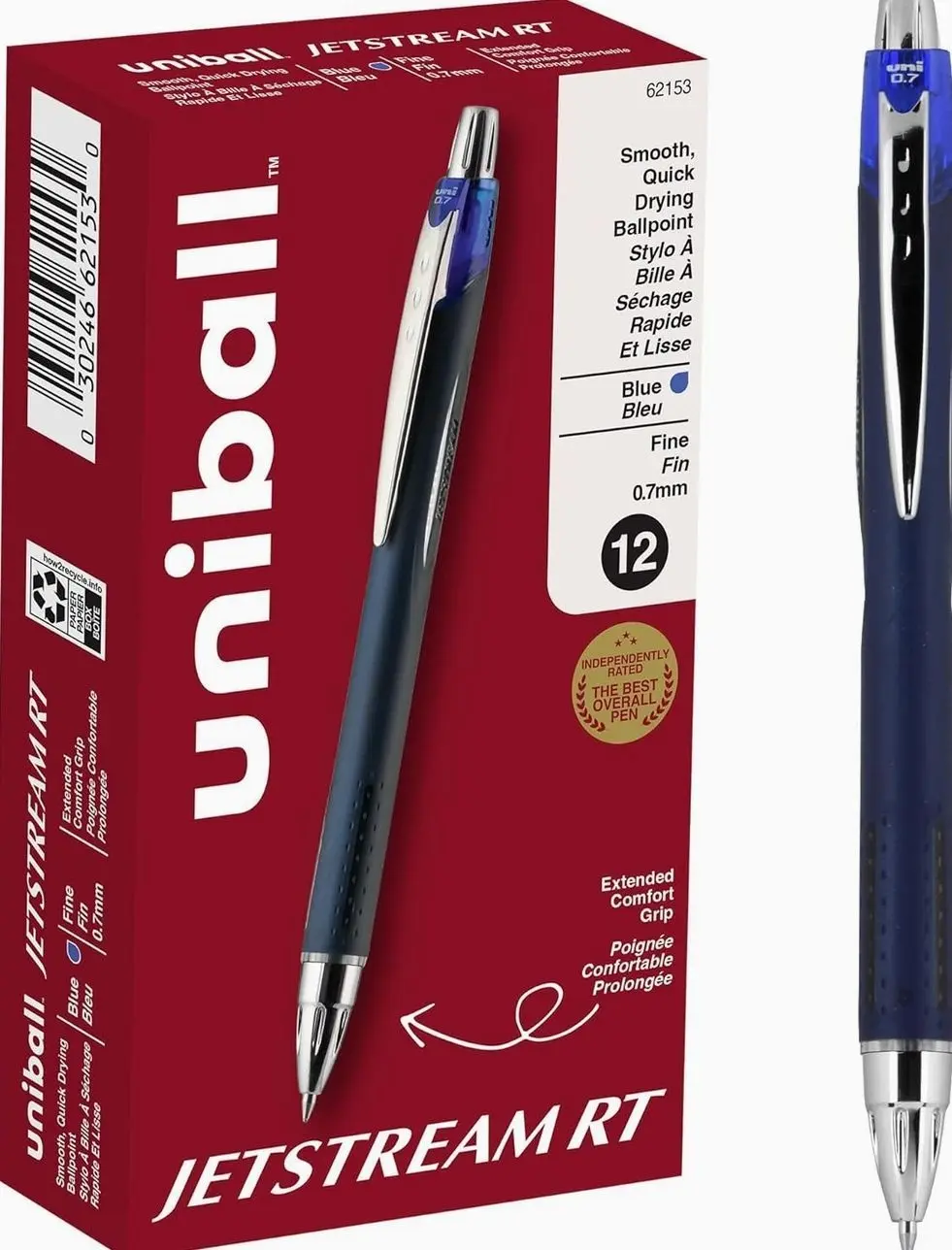 uniball Jetstream RT Ballpoint Pens, Fine Point (0.7mm), Blue, 12 Count (Pack of 1)