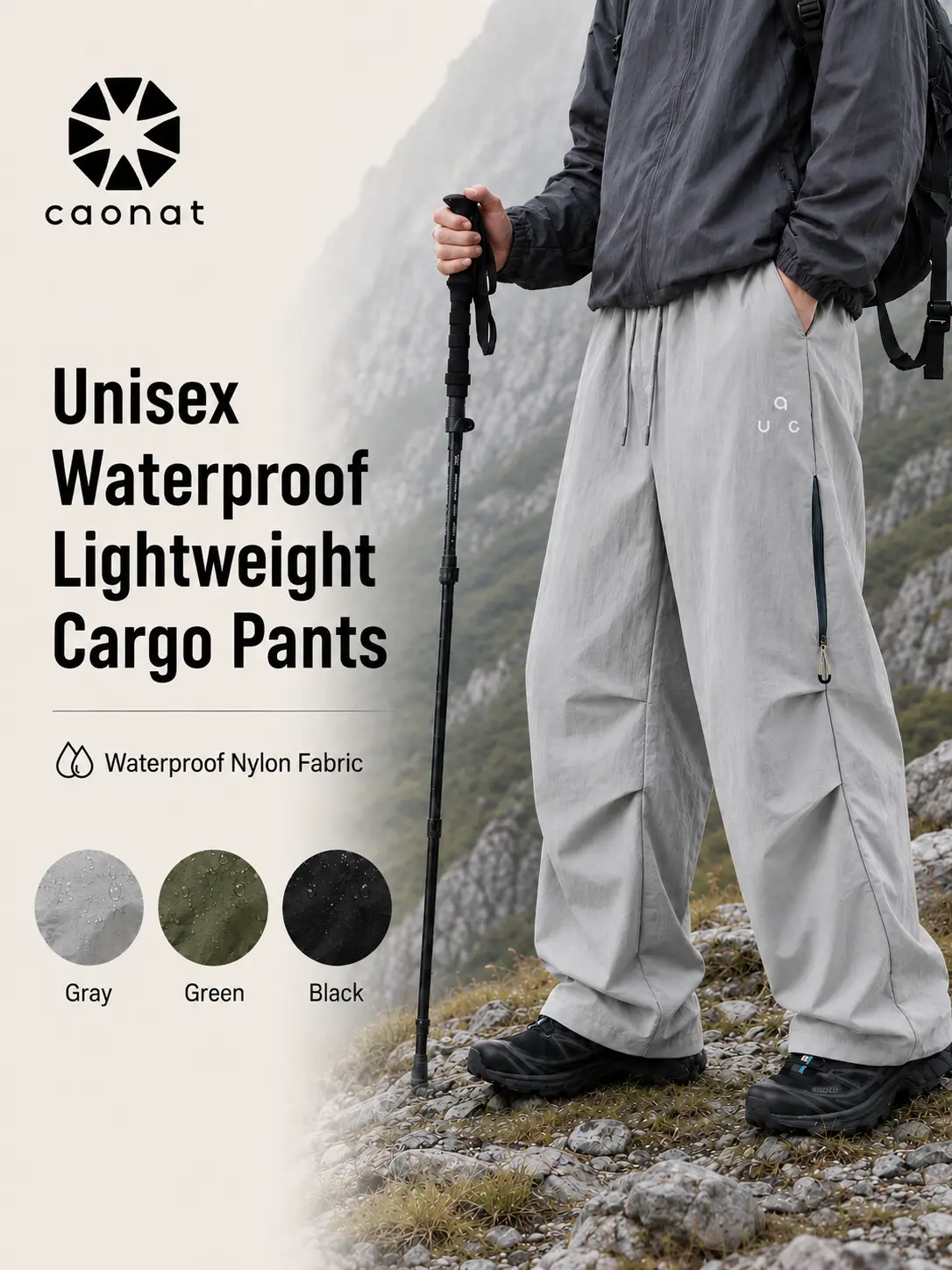 CAONAT Unisex Outdoor Hiking Pants for Men & Women, Lightweight Water-Resistant Quick-Dry Stretch Pants, Relaxed Fit with Elastic Waist & Adjustable Cuffs, Gorpcore Casual Trousers