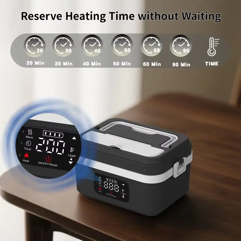 portable wireless heated lunch box is equipped with an 8000mAh rechargeable battery to heat and maintain food temperature; the heater can also be used as a power bank to charge mobile phones; suitable for travelers, commuters and truck/car drivers