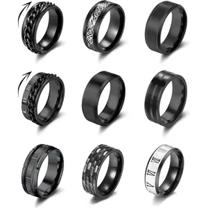 Unisex 9Pcs Stainless Steel Metal Coating Stackable Rings Set - Minimalistic Rotating Spinner for Anxiety Relief, Fashion Costume Jewelry Wedding Promise Accessory