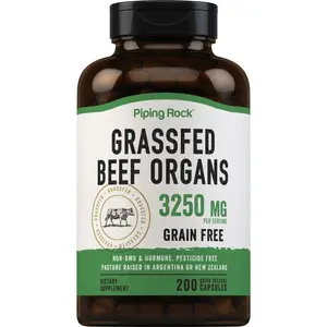 Piping Rock Grass Fed Beef Organs | 3250 mg | 200 Capsules | Liver, Kidney, Pancreas, Heart, Spleen Supplement | Non-GMO, Gluten Free