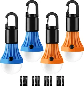 LED Camping Lantern, Camping Essentials, 3 Lighting Modes, Hanging Tent Light Bulbs with Clip Hook for Camping, Hiking, Hurricane, Storms, Outages, Collapsible, Batteries Included, 4 Packs
