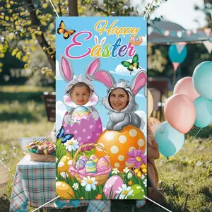 Easter Bunny Photo Door Banner, Happy Easter Party Decorations, Large Fabric Easter Egg Rabbit Face in Hole Backdrop, Spring Theme Photography Backdrop