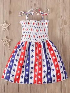 Girls' Independence Day Summer Dress, Star Flag Print Halter Neck Sundress, Adjustable Strap Toddler Clothing, Style, Toddler Party Dress