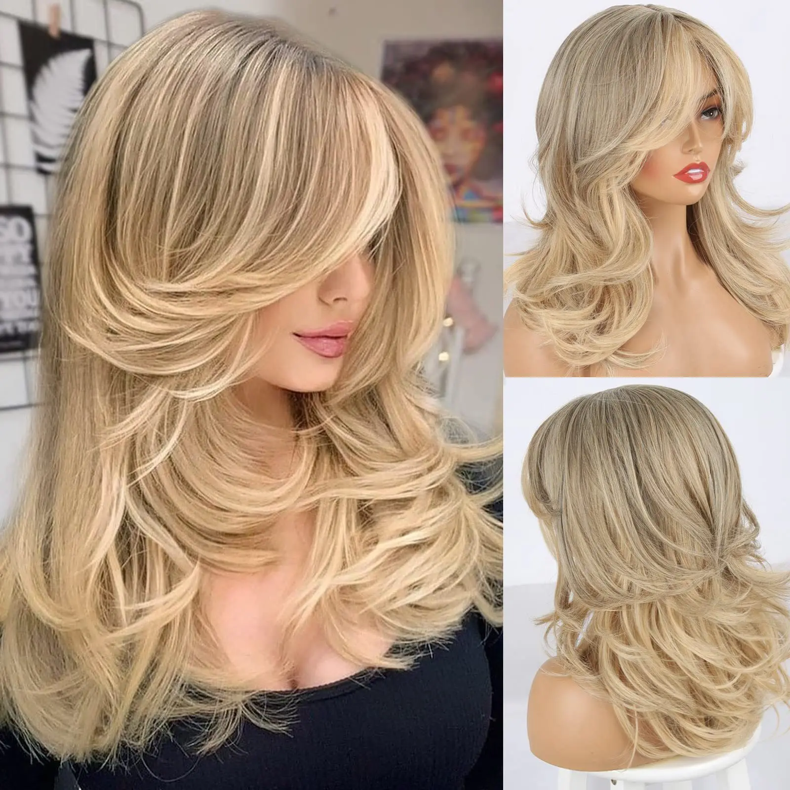 European and American wigs for women with long curly hair, eight-character bangs, and gold multi-layer wigs.