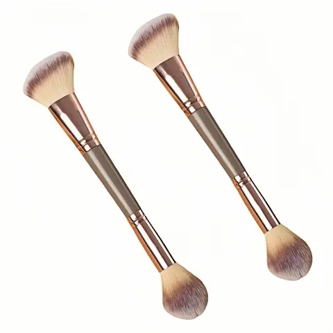 2-in-1 Dual-Ended Face Makeup Brush - 7.68in Aluminum Ergonomic Travel Size, Cruelty-Free Soft Shed-Free Bristles, All-Use Foundation Blending Tool for Sensitive Skin Beginners, Combination Skin Precision & Diffused Glow