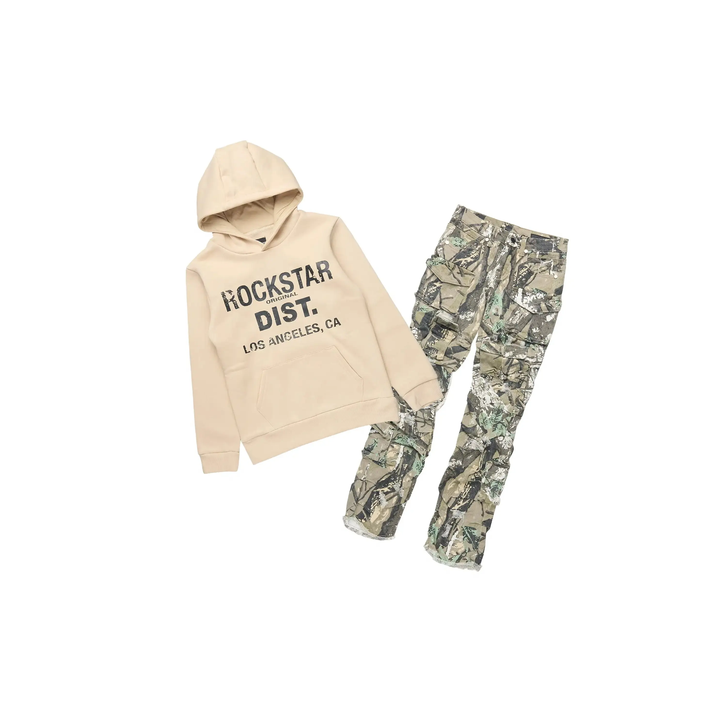 Boys Koen Beige Hoodie & Gentry Camo Tree Stacked Jean Set