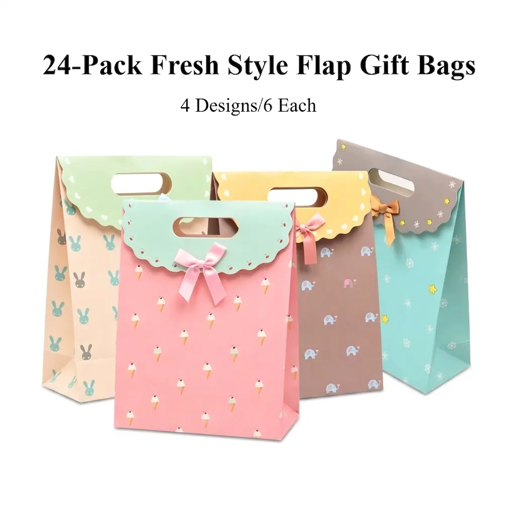 24 Pack Cute Cartoon Flap Gift Paper Bags With Bow Die Cut Handle Self Adhesive Treat Pouches For Candy Snack Baby Shower Birthday Party Favor Packaging