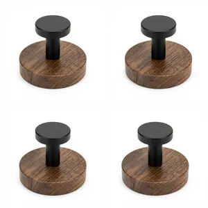 4 Pack Walnut Wood Suction Cup Hooks, No Drill Reusable Heavy Duty Wall Hooks for Hanging, Waterproof Adhesive Towel Hooks for Bathroom, Kitchen, Glass, Tile, Door, Modern Matte Black Organizer Hooks