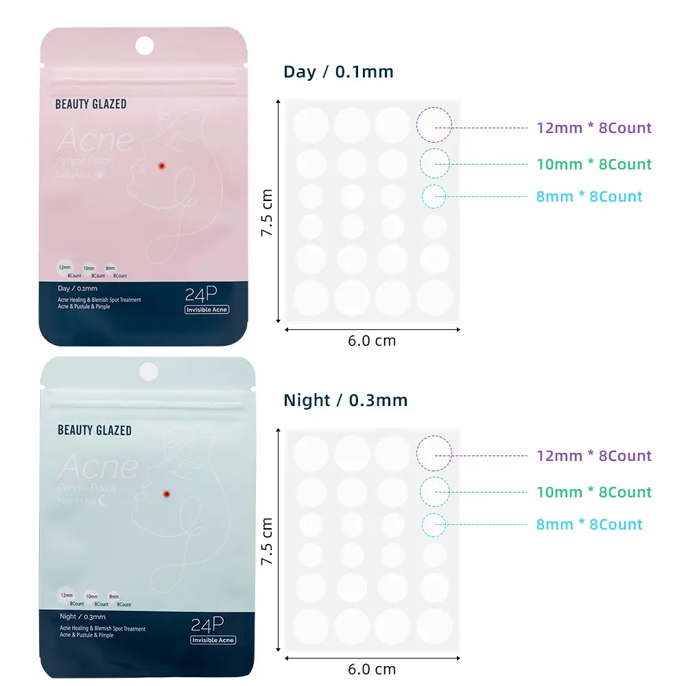 BEAUTY GLAZED Pimple Patches for Face Hydrocolloid Acne Patches  Spot Stickers Mild Day and Night 2 Color 3 Sizes (8mm, 10mm & 12mm)