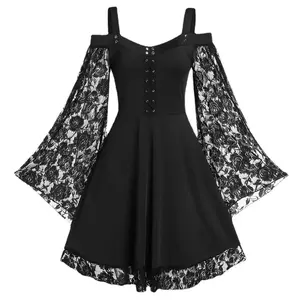 Off-Shoulder Bell Sleeve Lace Stitching Artistic Retro Vintage Gothic Floral Print Dress