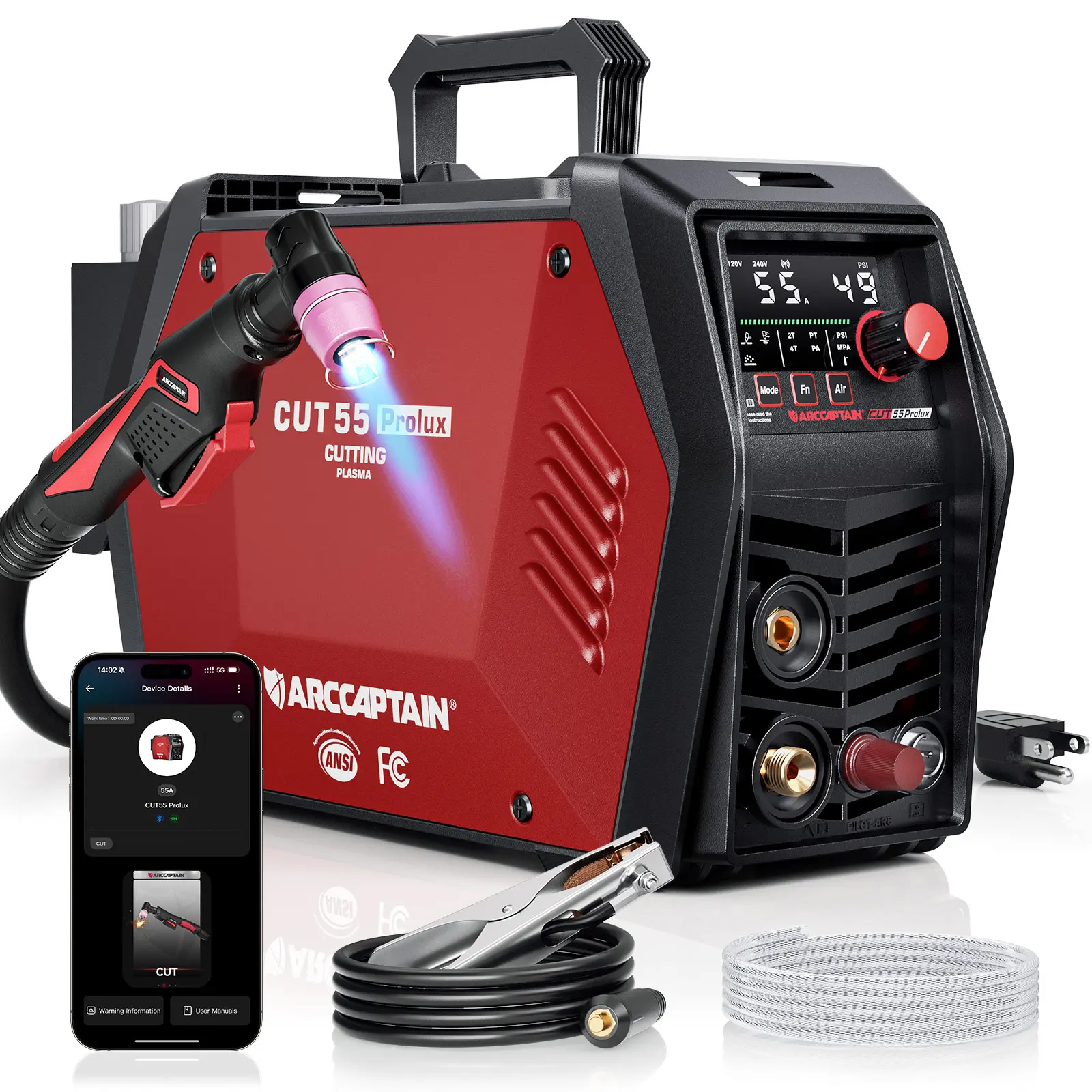 ARCCAPTAIN iControl CUT55 Prolux Plasma Cutter Welder, 55A Non-Touch Pilot Arc, APP Control, 120V/240V, Upgraded LED Display, Grid Cutting, Rust Removal, Air Pressure Detection, Multiprocess Welding Machine for Home DIY