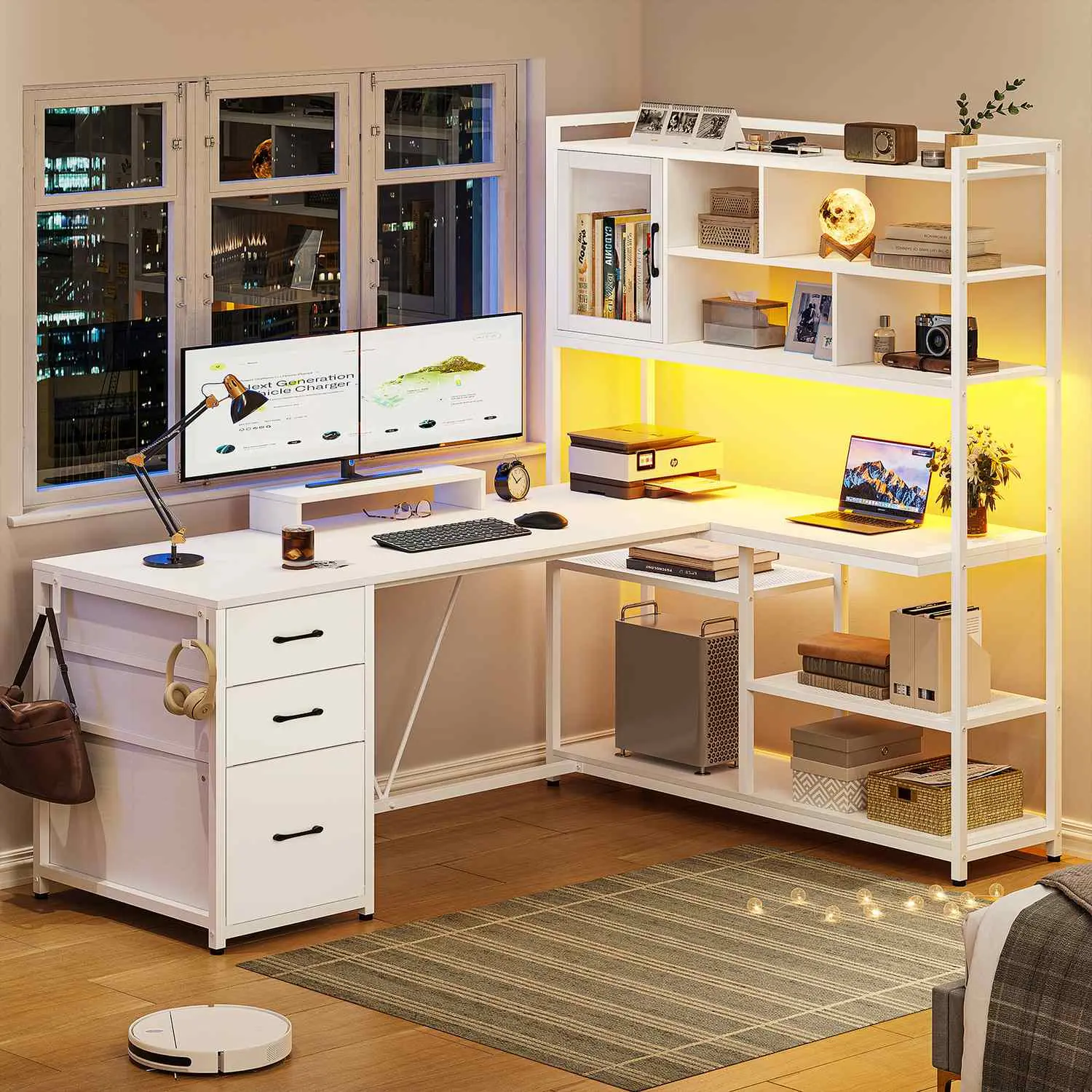 Sikaic L-Shaped Gaming Desk with LED Lights - 58 in White Reversible Adjustable Corner PC Table with Storage Shelves, Supports 3 Pcs, for Home Office & Desks for Gaming Setup, Computer Gaming Desks