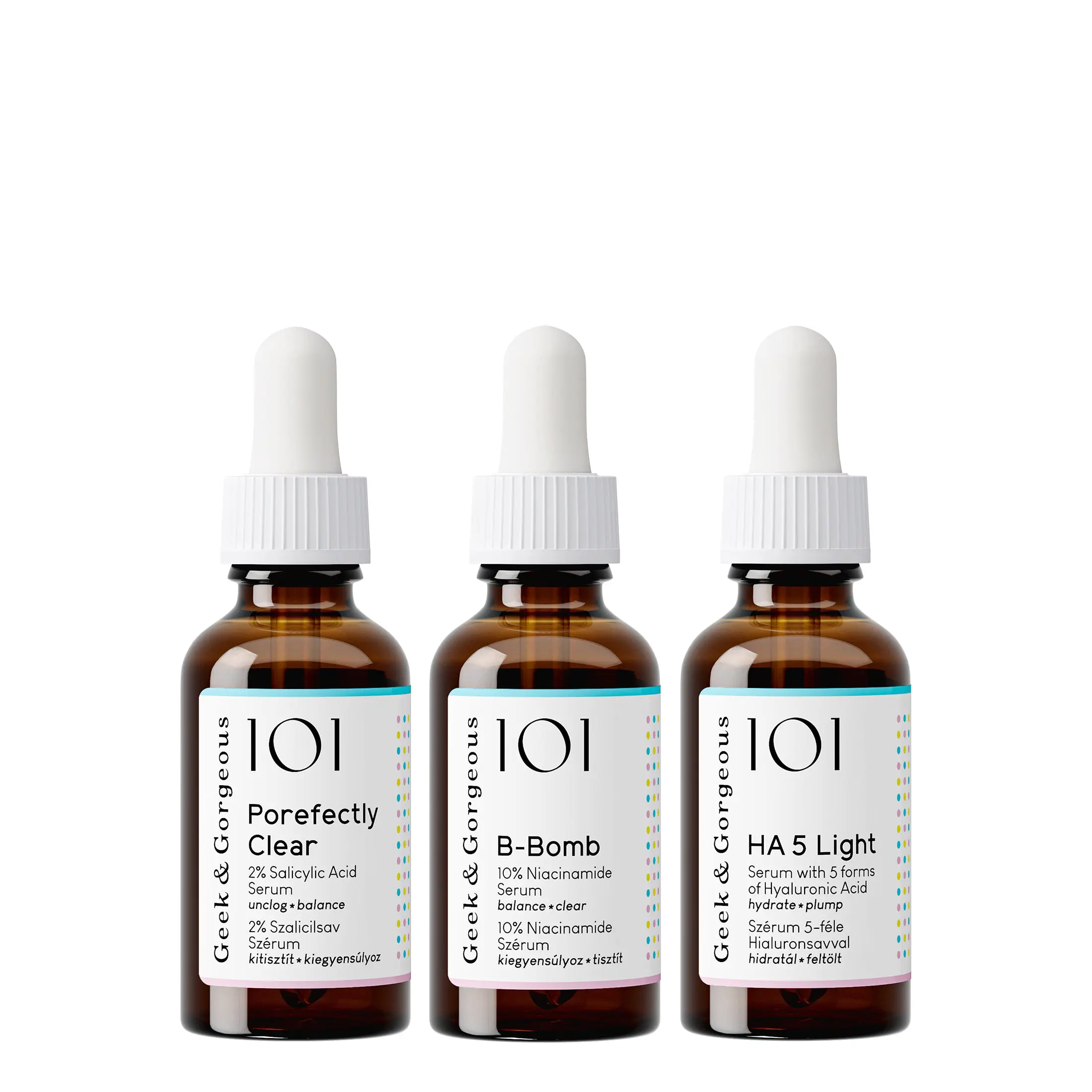 GEEK & GORGEOUS Porefect Skin Multi-Pack Kit - Vegan, Fragrance-Free BHA Evening Oily Skin Care Set with 2% Salicylic Acid Cleanser, 10% Niacinamide Serum, Hyaluronic Acid Moisturizer Blend, 3 fl. oz., Exfoliating, Pore-Clearing, Cruelty-Free