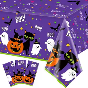 Halloween Tablecloth, Large Bats & Pumpkin Disposable Plastic Table Covers for Indoor Outdoor