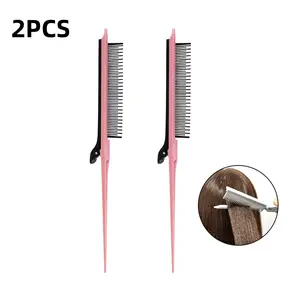 [Ashine] Tail Teasing Clip Comb, Pink Partition Attachment Clip Flat Iron Comb Hair Clip Combs Fine Tooth Comb for Straightening Dyeing  Hair Care Heatless -2PCS Haircare Salon