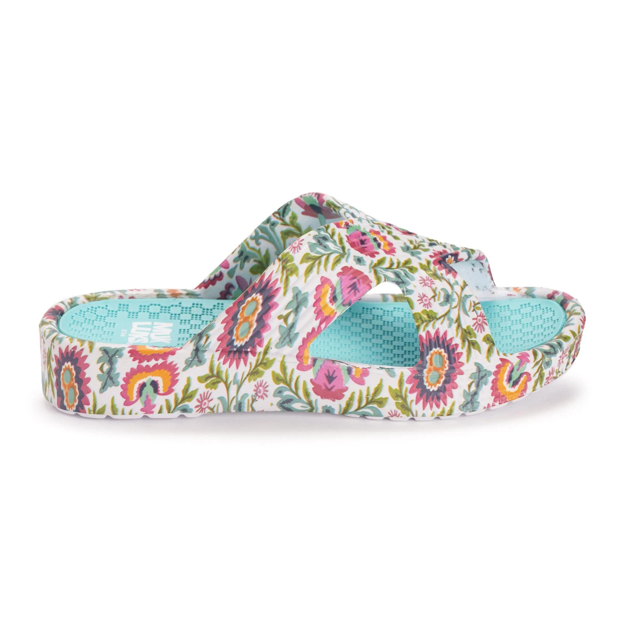 Muk Luks Women's Printed Cross Band Slip On Sandals with Embossed Foam Bed, Open Toe Spa Day and Resort Wear, Footwear, Toe Open Slippers, Lightweight, Flexible, Open Toed Sandals