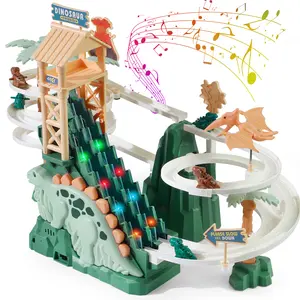 Dinosaur Climbing Slide Toy with Interactive Race Track, Double Loop Track, Lights & Music, 5 Mini Dinosaur Cars,Stair Climbing Toy for Kids