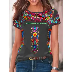 Women's Embroidered Mexican Peasant Blouse Mexico Summer Shirt Short Sleeve