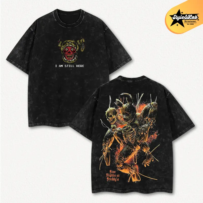FNAF Five Nights at Freddy’s Vintage T-Shirt crafted from heavyweight washed cotton for a soft vintage texture, oversized fit for comfort, fresh release for fans, premium durable streetwear tee
