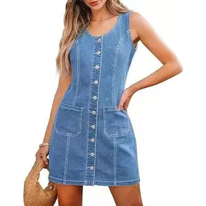 Casual Solid Color Front Button Sleeveless Corduroy Dress, Spring/Fall Fabric Fit