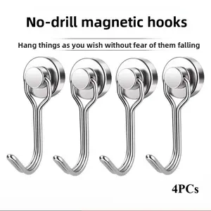 4PCS Heavy-Duty Stainless Steel Rotatable Magnetic Hooks - No-Drill No-Trace Adhesive Wall-Mount Hooks with Solid Wood Flip-Top Key Lock & Large Frosted Acrylic Design, Bathroom Organizing Accessories for Kitchen Door & Hat/Shoe Cabinet Storage