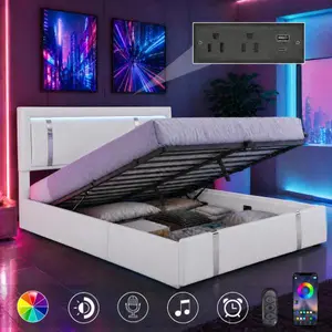 【Sub 1 packages】Niccae Full Size Lift Up Storage Bed Frame with Adjustable LED Lights Headboard, USB-C Charging Ports, Hydraulic Support, Faux Leather Upholstered Platform Bed, Metal Slats Support