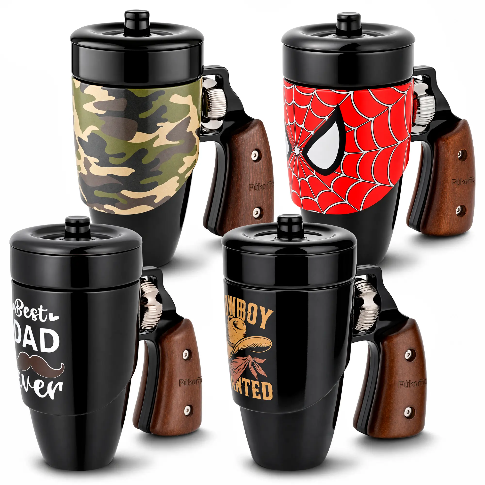 Pukomc Classic Revolver Rotating Handle Ceramic Coffee Mug, 16-oz Leak-Proof Heat-Resistant Dishwasher-Safe Reusable Cup, Watercolor Stress Relief Gift Idea for Men