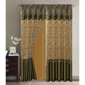 Collection Embroidery Curtain Set Drapes with Backing & Valance Sage/ (110 in x 84 in)