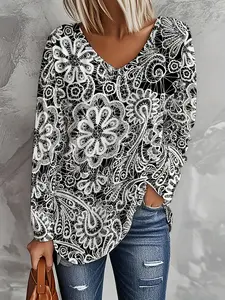 【Plus Size】Lace Pattern V Neck Long Sleeve Top, Comfortable Loose Fit Casual Commuter Women's Fashion, Tiktok Vintage Lace Trend