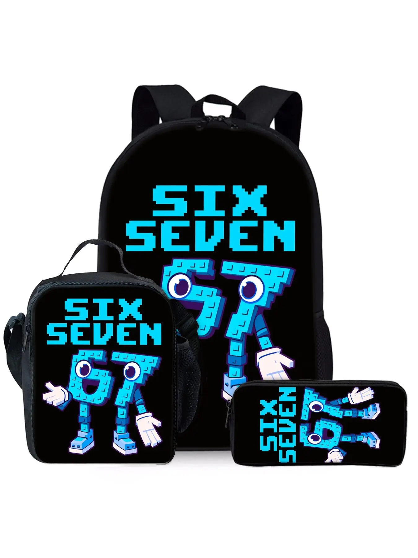 Cartoon character number 67 printed backpack three piece set including lunch bag and pencil case School Backpack Geometric Pattern Backpack Cute Stylish Daypacks