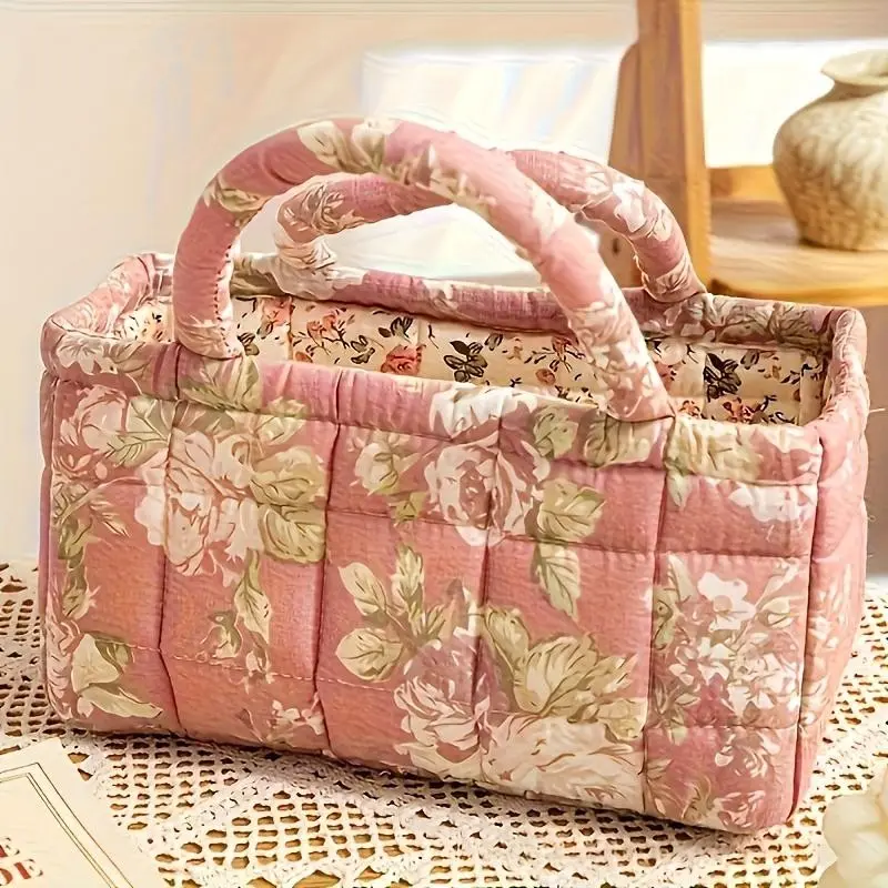 Vintage Floral Print Quilted Storage Basket, Decorative Storage Basket, Foldable Snack Basket, Laundry Basket, Bathroom Organizer, Bedroom Essential, Women and Girls Use, Collapsible Storage Baskets, Storage Bins Baskets