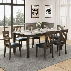 【Ships in 2 Boxes】AMERLIFE 7-Piece Dining Table Set with 6 Chairs,Modern Solid Wood Dining Table Set with 6 Upholstered Chairs,71'' Marble kitchen table&Chair Set for 6 People,Marble&Brown - Ships in 2 Boxes