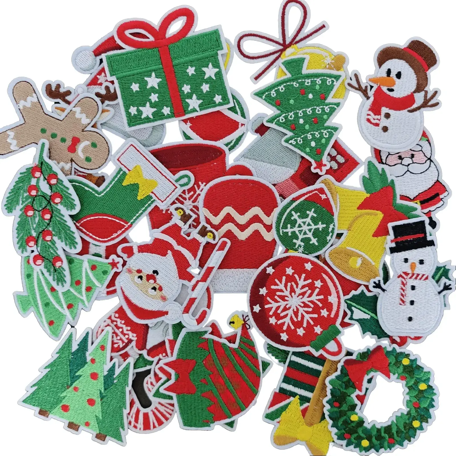 32PCS Christmas Embroidered Iron-On Patches - Fabric Xmas Tree, Stocking, Wreath, Bell Patterns - Sewing Supplies for DIY Clothes, Bags, Decor