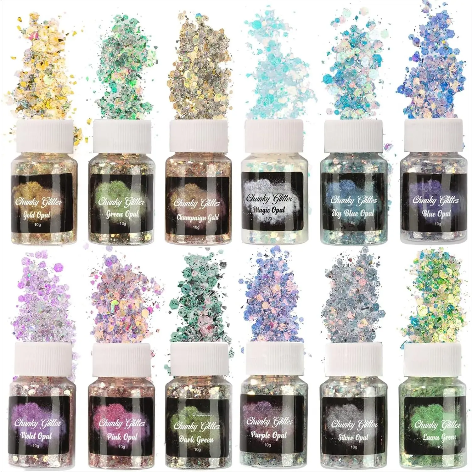 F-HDJ10   Opal Chunky Glitter for Resin, 12 * 10g Craft Glitter Powder for Tumblers/Slime, Iridescent Chameleon Glitter Sequins Festival Decor(Each 0.35oz