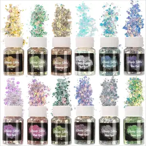 F-HDJ10   Opal Chunky Glitter for Resin, 12 * 10g Craft Glitter Powder for Tumblers/Slime, Iridescent Chameleon Glitter Sequins Festival Decor(Each 0.35oz
