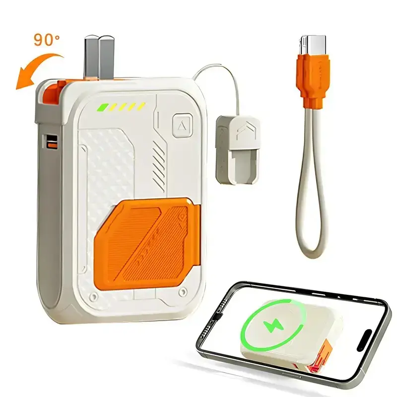 22.5W Magnetic Wireless Power Bank, Foldable Plug Power Charger with Detachable Lightning Type-C Cable Airplane Friendly