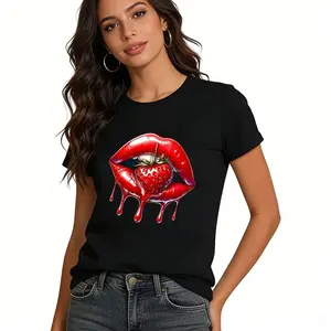Red Lips and Strawberry Drip Graphic Tee with Bold Y2K Style Unisex Black Cotton T-Shirt Casual Streetwear with Fun Fruit and Lip Design