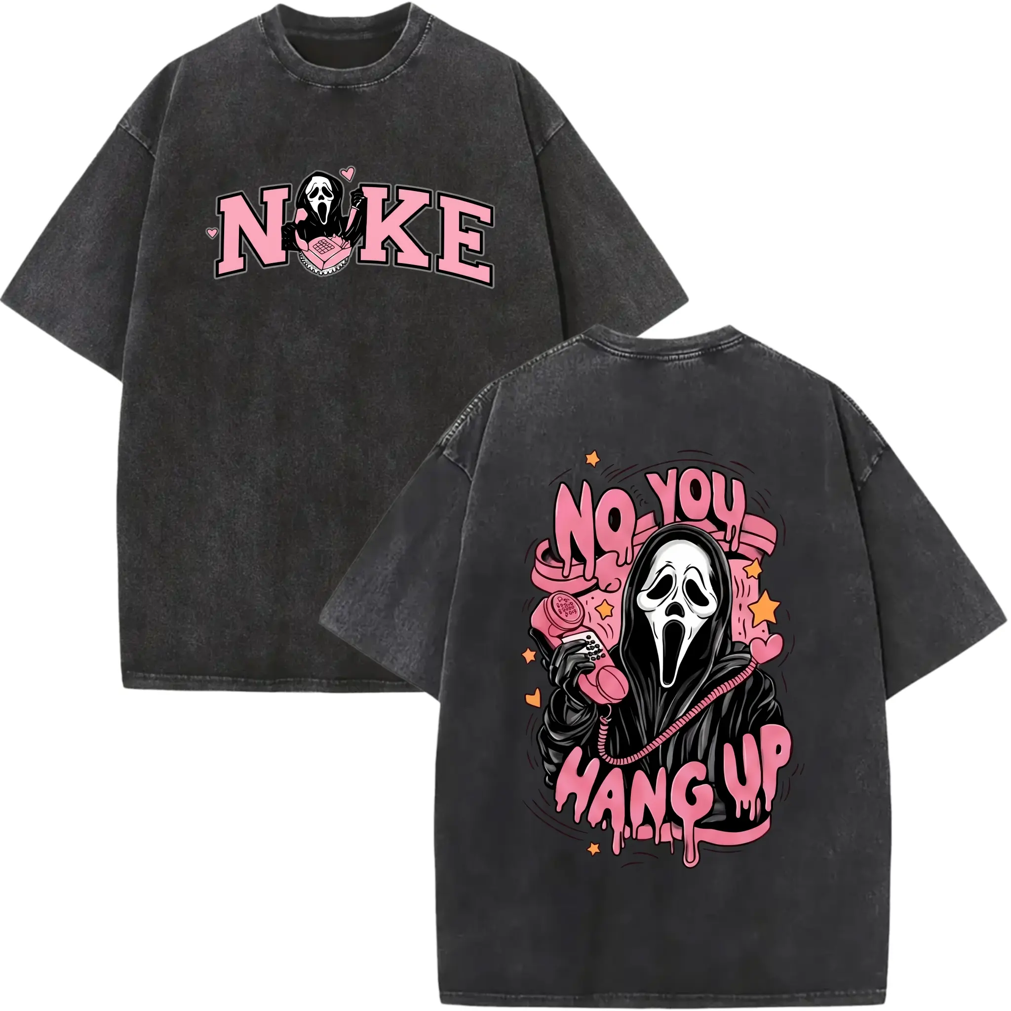 Ghostface No You Hang Up Scream Vintage Acid Wash Graphic Tee, 100% Pure Cotton Soft Breathable Oversized Crewneck Short Sleeve Casual Retro Funny Horror Streetwear T-Shirt Men Women (S-3XL)